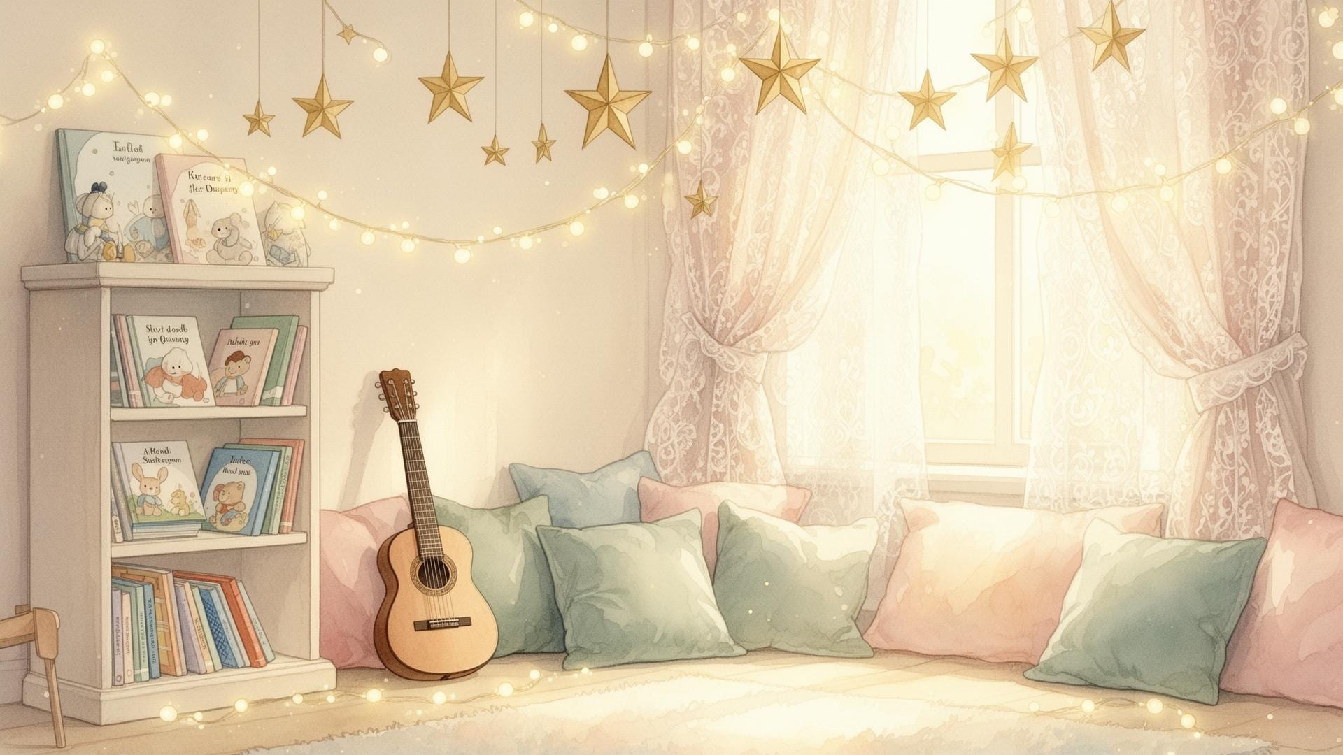 Un angolo accogliente con libri, cuscini e una chitarra — l'atmosfera poetica della scuola dell'infanzia di Maestra Sara