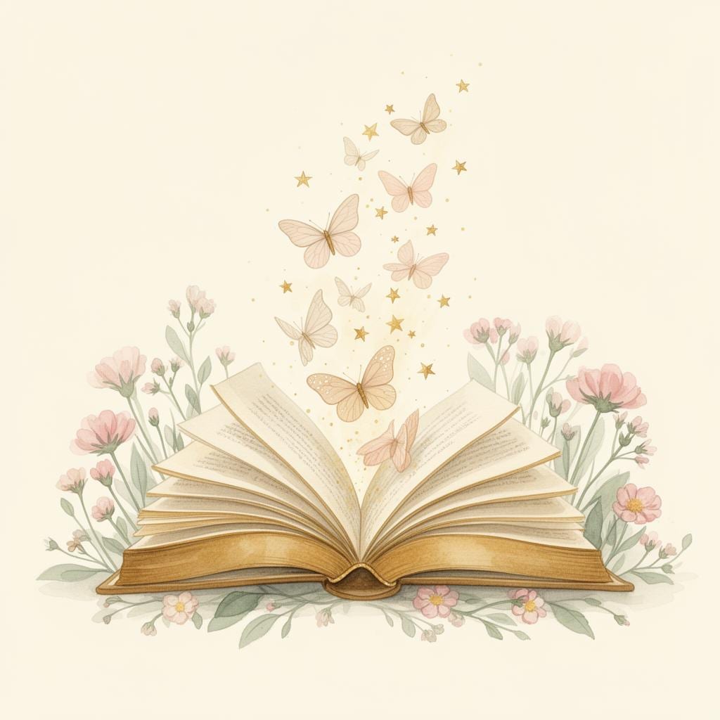 Libro illustrato aperto, farfalle e fiori — la magia delle storie raccontate ai bambini